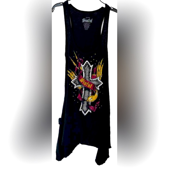 Y2K Sinful By Affliction Black Tank Top Dress Pockets Large Cross BLING Womens S - Picture 1 of 7